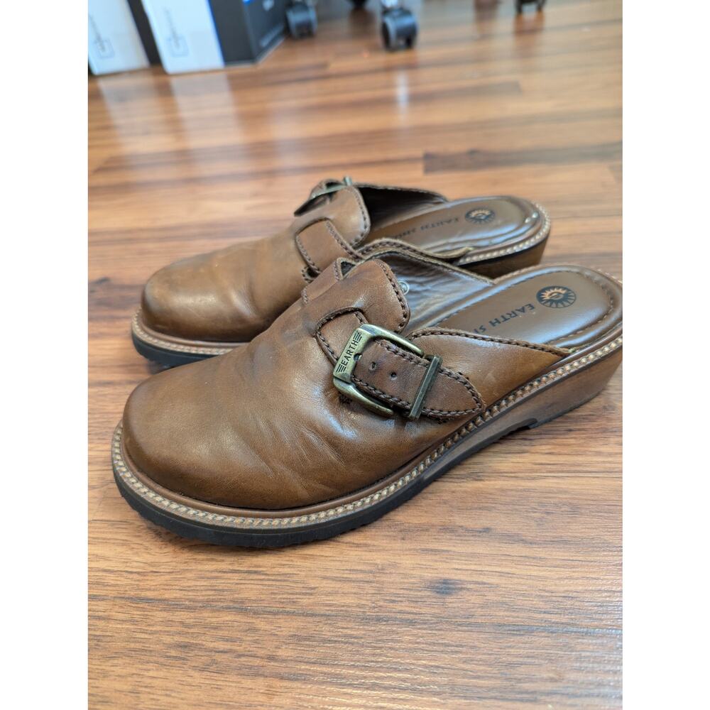 Earth Shoes Leather Buckle Clogs Size 8.5 Brown Boho Minimalist Casual - Picture 2 of 6
